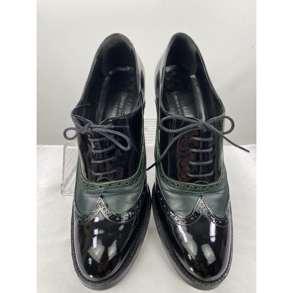 DANIELE ANCARANI Black / Green Patent & Leather Lace Up Block Heels Size 37 6.5